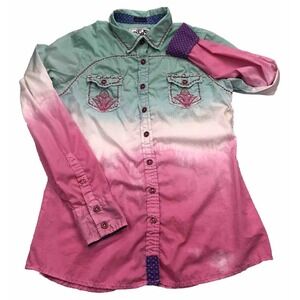 Roar Western Button Shirt Women S/M Ombre Dip Dye Embelish Embroider Cross Rodeo